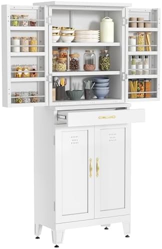 YITAHOME 71" Metal Pantry Cabinet with Drawer, Shelves & Door Racks, White