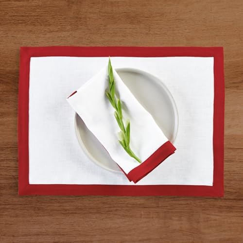 Solino Home 100% Linen Napkins, 20 x 20 in, Red and White Border, Set of 4