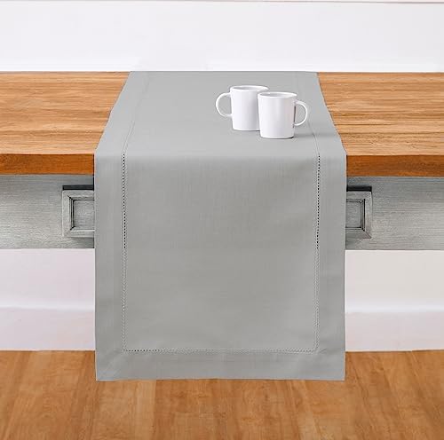 Solino Home Cotton Linen Table Runner Light Grey Hemstitch, 14 x 120 in