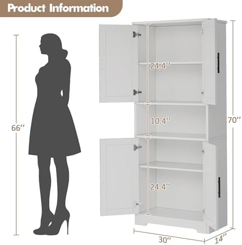 70" Kitchen Pantry Storage Cabinet, Freestanding Buffet Cabinet with Microwave Stand & 4 Door Shelves, Kitchen Hutch with Doors, Adjustable Shelves and Wine Rack,White.
