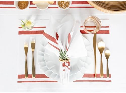 Solino Home 100% Linen Napkins, 20 x 20 in, Red and White Striped, Set of 4