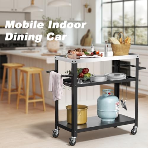 Outdoor Grill Cart Table, Indoor and Outdoor Pizza Oven Table with Three-Shelf(Black)