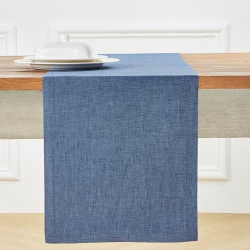 Solino Home 100% Pure Linen Table Runner Blue Denim, Athena 14 x 108 in