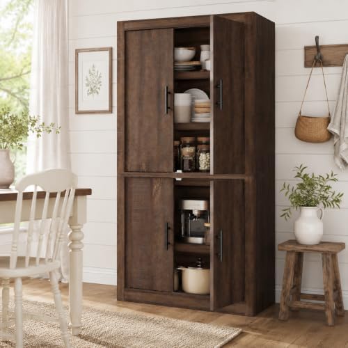 Garvee Tall Farmhouse Pantry Cabinet with Adjustable Shelves, 70.4" Kitchen Storage Cupboard with 4 Doors, Freestanding Microwave Stand and Food Organizer, Dining Area, Rustic Brown