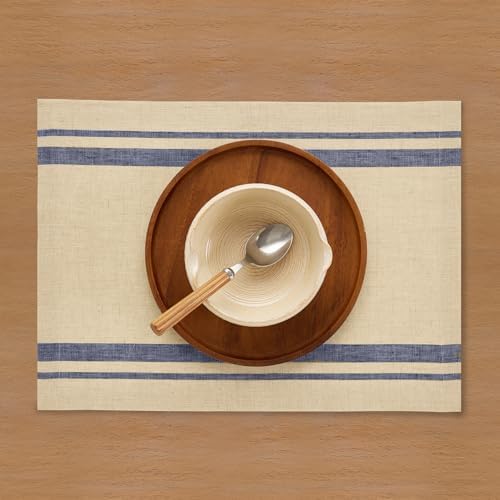 Solino Home 100% Linen Placemats, 14 x 19 in, Navy, French Stripe, Set of 4