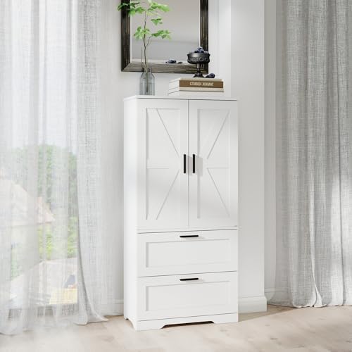 2 Door Tall Kitchen Pantry Storage, Collection Food Free Standing Wooden Storage Cabinet with 2 Drawers and Adjustable Shelves, Modern Farmhouse Versatile Storage for Kitchen, Dining Room (White)
