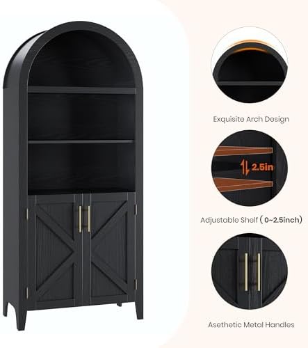 Arched Kitchen Pantry Cabinet with Doors, 5-Tier Open Display Shelf, Black