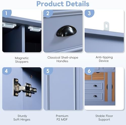 Merax Farmhouse 71" Large Kitchen Pantry Cabinet with Power Outlet, 53.2" Wide Storage Cupboard with 4 Foldable Doors, Adjustable Shelves, Wine Racks & Serving Trays, for Dining Room, Blue-Gray