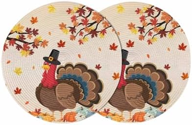 Fall Round Placemats Set of 2 Thanksgiving Harvest Pumpkin Turkey Place Mats Washable Woven Placemat Orange Maple Leaves Circle Braided Table Mat for Kitchen Dining Holiday Party Fall Decor 15 Inch