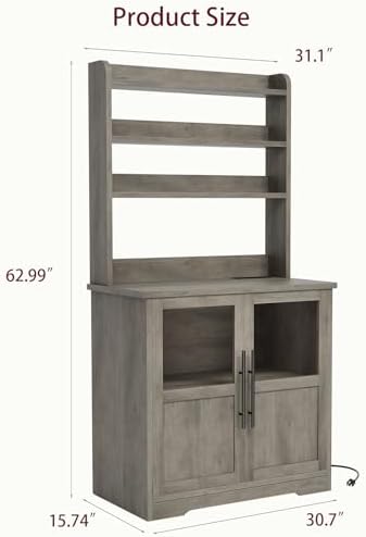 IDEALHOUSE Bakers Rack with Storage Cabinet, Microwave Stand with Power Outlets, Farmhouse Bakers Rack with Thick Table Top, Small Kitchen Pantry for Kitchen,Dining Room,Retro Gray