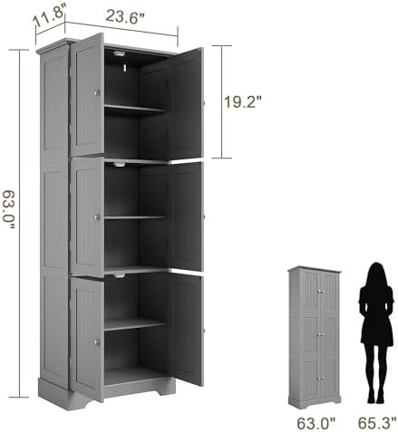 ChooChoo 63.2" Tall Bathroom Storage Cabinet with 6 Doors, Pantry Cabinet
