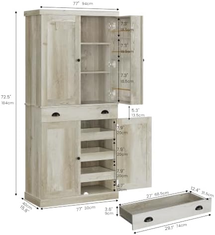 IRONCK 72" Kitchen Pantry Cabinet with Drawer and Sliding Racks