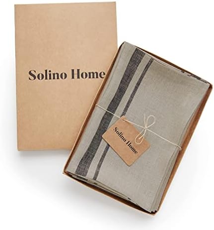 Solino Home 100% Linen Napkins, 20 x 20 in, Black, French Stripe, Set of 4