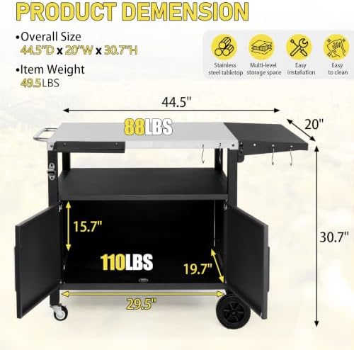 Outdoor Grill Cart with Storage, Foldable Side Shelf & Wheels, Black