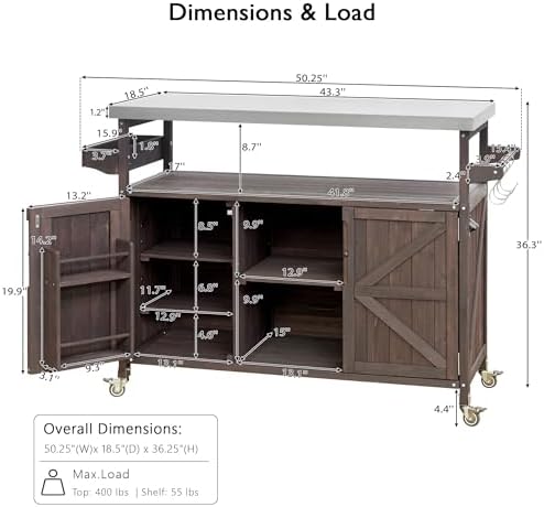 43.3“ Outdoor Grill Cart with Storage, Rolling Bar Cart, Dark Brown