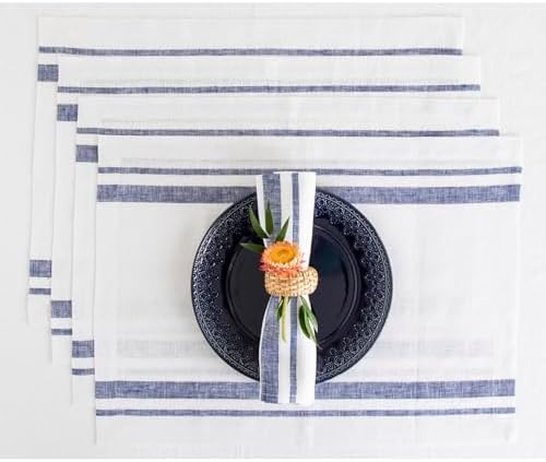 Solino Home 100% Linen Placemats, 14 x 19 in, Navy, French Stripe, Set of 4