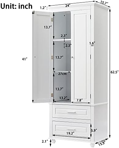 Merax 62.5" Pantry Cabinet with Two Doors & Two Drawers, Adjustable Shelves Storage Cupboard for Kitchen/Dining Room/Bathroom, White