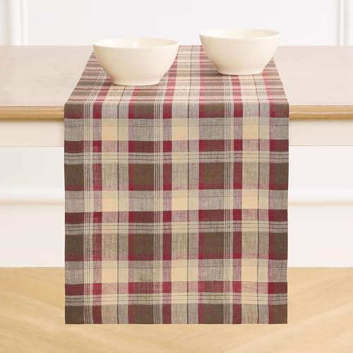 Solino Home 100% Linen Table Runner Multicolor, Rustic Plaid 14 x 144 in