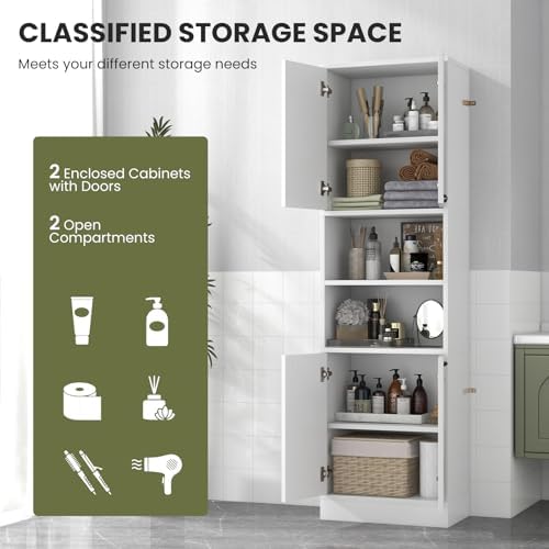 75” Kitchen Pantry Cabinet, Tall Freestanding Kitchen Hutch with 4 Doors, 2 Open Shelves & 4 Anti-Tipping Devices, Bathroom Storage Cabinet for Living Room, Dining Room (White)