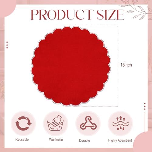 Set of 12 Red Cotton Placemats 15" Round Scalloped White