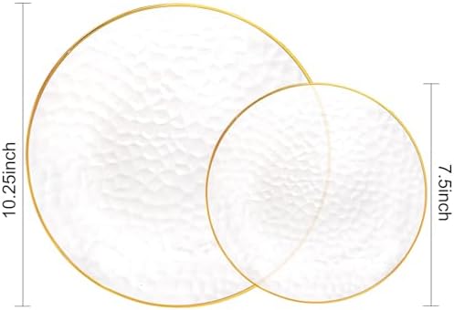 Rubtlamp 100Pcs Clear Gold Plastic Plates, Disposable Plates With Gold Rim, Heavy-duty Party Platos, Hammered Plastic Plates Include 50 Clear Dessert Plates, 50 Dinner Plates for Party