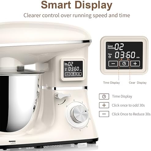 Stand Mixer with LED Display & Timer 6.5QT Stainless Steel Bowl, 1350W 6-Speeds Electric Kitchen Stand Up Mixer for Baking Cakes Cookie Bread Salad Food with Egg Whisk, Dough Hook, Beater - White