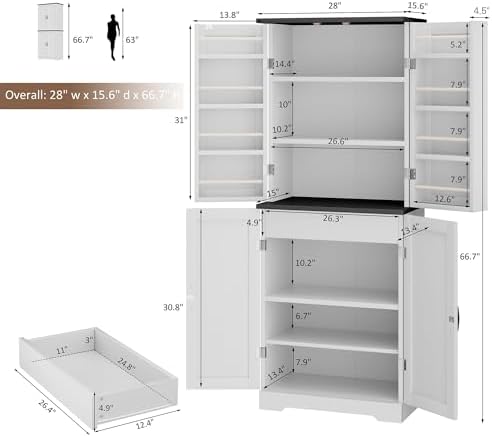Shintenchi Kitchen Pantry Cabinet, Farmhouse Tall Cupboard Storage, White