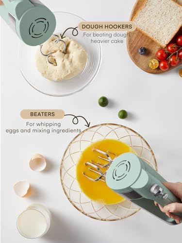 Hand Mixer Electric Handheld, 6 Speed & Turbo Electric Mixer, 300W Handheld Mixer with 2 Stainless Steel Whisk and 2 Dough Hook for Whipping, Mixing Cookies, Brownie, Cakes, Dough Batters, Green