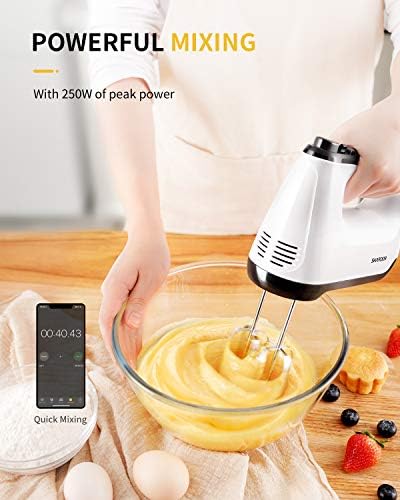 SHARDOR Hand Mixer Electric, 6 Speed & Turbo Mixer Electric Handheld, Snap-On Storage Case,5 Stainless Steel Accessories for Whipping, Mixing Cookies, Brownie, Cakes, Dough Batters, White