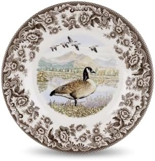 Spode Woodland Canadian Goose Dinner Plate - 10.5 Inch Fine Earthenware with British Flowers Border, Microwave, Oven, Freezer & Dishwasher Safe - Hunting-Inspired Thanksgiving Plate, Made in England
