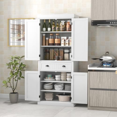 GIANTEX Pantry Organizers and Storage, 72" Tall Kitchen Cabinet with 2-Door Cabinets & Drawer, Buffet Sideboard w/Adjustable Shelves, Wooden Freestanding Cupboard for Dining Room Living Room (White)