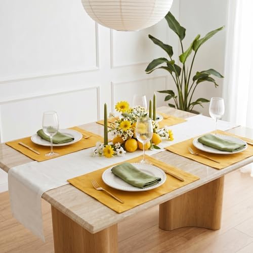 Solino Home 100% Linen Placemats Mustard Yellow, Fete 14 x 19 in, Set of 4
