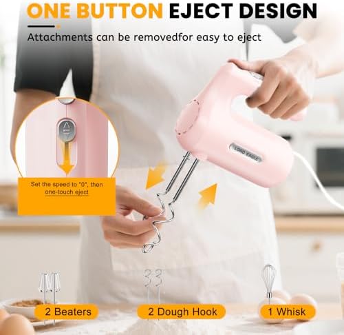 5-Speed Small Hand Mixer Electric, 300W Compact Portable, Pink