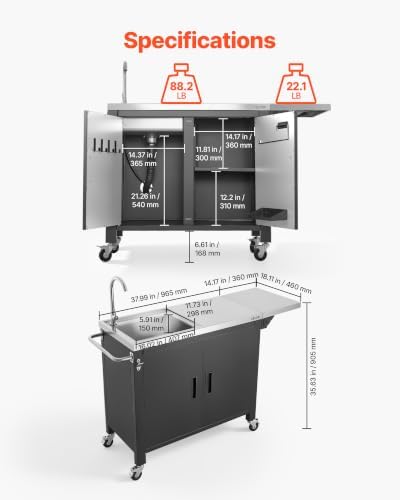 VEVOR Outdoor Grill Cart with Sink and Storage Cabinet, 52 Inch Grill Table, Waterproof Kitchen Island with Stainless Steel Top, Spice Rack, Wheel, Movable Food Prep Station for Patio Bar Backyard BBQ