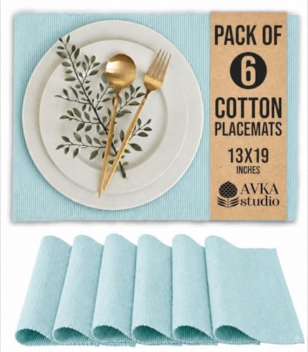 100% Cotton Ribbed Placemats - Set of 6-13 x 19 Inches - Light Blue - Everyday Cloth Table Mats - Thick Construction, Washable & Reusable Cloth Place Mats - by AVKA Studio