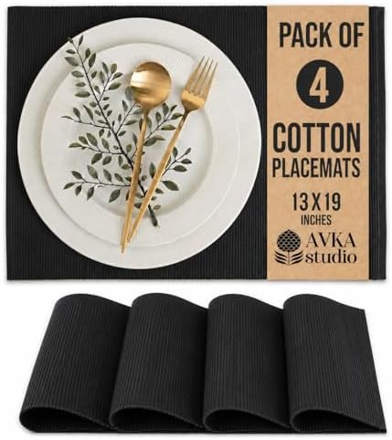 100% Cotton Ribbed Placemats - Set of 4-13 x 19 Inches - Black - Everyday Cloth Table Mats - Thick Construction, Washable & Reusable Cloth Place Mats - by AVKA Studio
