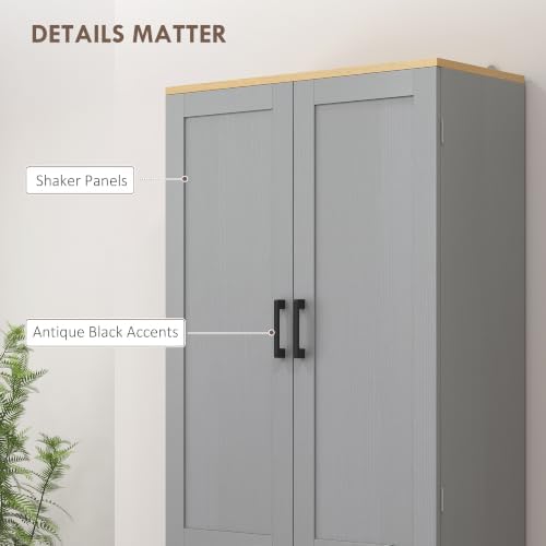 HOMCOM 67" Freestanding Kitchen Pantry 4-Door Cabinet Distressed Gray