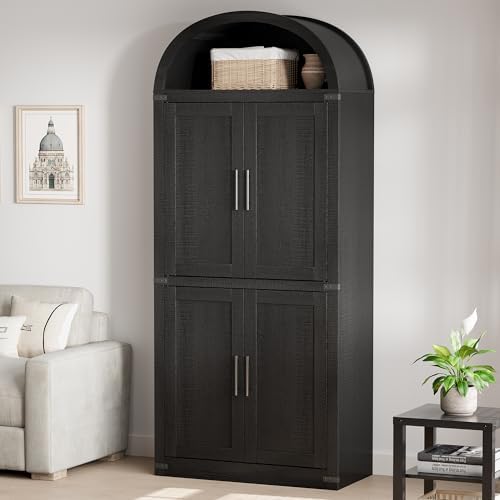 GarveeHome Arched Cabinet 71.6 in Tall Kitchen Pantry, Farmhouse Storage Cabinet, Large Bookshelf with Doors, Arched Bookcase with Cabinets, 5 Tier Kitchen Cabinets for Dining Room