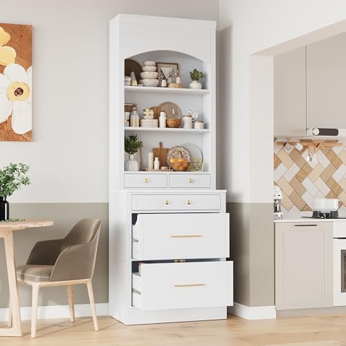 Merax Modern 83.7inch Freestanding Kitchen Hutch with Faux Marble Top, Kitchen Pantry with 5 Storage Drawers and Adjustable Shelf, White