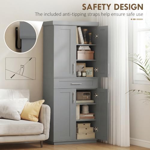 HOMCOM 72" Kitchen Pantry Storage Cabinet, Freestanding Cupboard, Gray