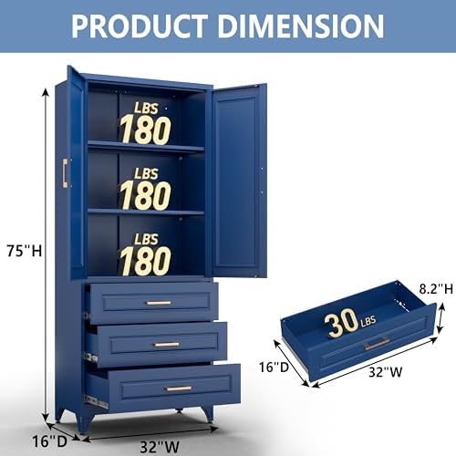 Polup 75" Metal Storage Cabinet, Kitchen Pantry Cabinet with 3 Drawers