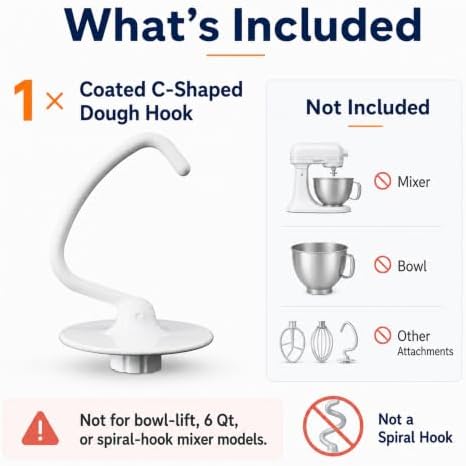 K45DH Dough Hook, 1 Pack for Kitchen Aid 4.5-5 Qt Tilt-Head Mixers