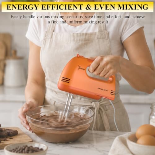 BAIGELONG Hand Mixer. 7-Speed Adjustable Kitchen Electric Mixer. With 5 Stainless Steel Attachments: 2 Hooks, 2 Beaters, 1 Whisk. Comes 1 Storage Box. Perfect for Bakers and New Starters, Orange