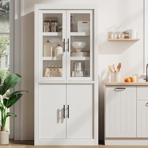 71" Tall Kitchen Pantry Cabinet, Farmhouse Kitchen Pantry Storage Cabinet with 4 Doors & Adjustable Shelves, Freestanding Wood Large Food Cupboard Cabinet for Dining,Living Room,Rustic White