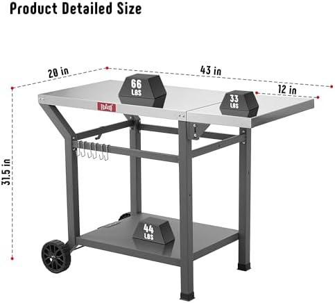 Feasto 43" Lx20 W Grill Table with Folding Side Table & Undershelf, Gray
