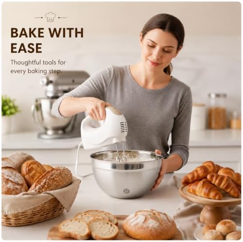 Showvigor Electric Hand Mixer with 5 Stainless Steel Whisks,5 Speed,White