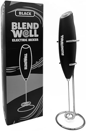BlendWell Electric Milk Frother for Matcha and Coffee, Handheld Battery Operated Drink Mixer with Stand, Stainless Steel Whisk, Black