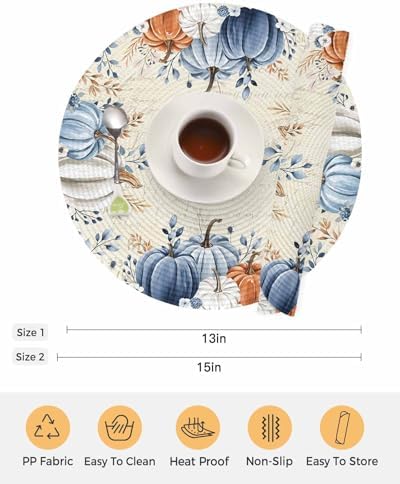 Fall Round Placemats Set of 4 Pumpkin Blue Orange Thanksgiving Place Mats Washable Woven Placemat White Pumpkin Leaves Circle Braided Table Mat for Kitchen Dining Table Holiday Party Decor 13 Inch