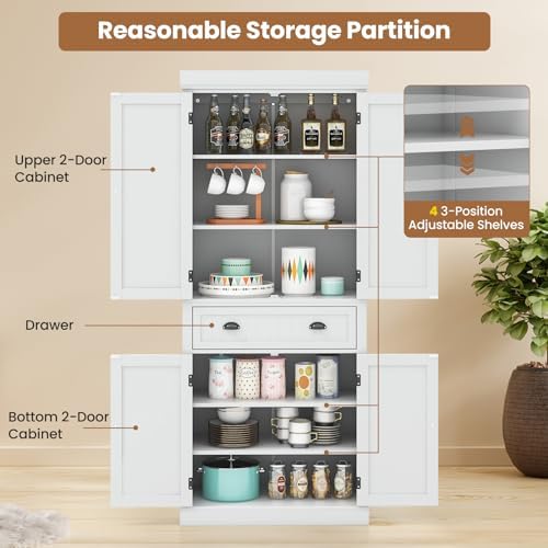 GIANTEX Pantry Organizers and Storage, 72" Tall Kitchen Cabinet with 2-Door Cabinets & Drawer, Buffet Sideboard w/Adjustable Shelves, Wooden Freestanding Cupboard for Dining Room Living Room (White)