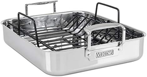 Viking 3-Ply Stainless Steel Roasting Pan with Non Stick Rack, 16 x 13 Inch Kitchen Cookware, Great for Turkey, Dishwasher and Oven Safe, Induction Ready, Silver